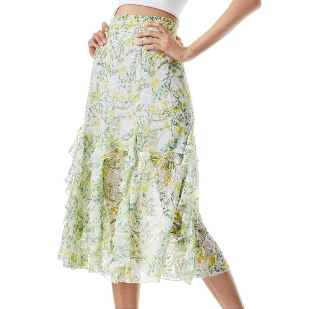 Alice + Olivia Jocelyn Godet Midi Skirt in Sun Ditsy off White Size 12 - Picture 4 of 8